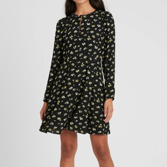 Banana Republic NWT Women's Size 10P Black Yellow Floral Puff-Sleeve Mini Dress - Picture 1 of 13